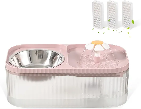JEERAMIA Cat Water Fountain and Food Bowl, 3L/101oz Ultra Quiet Pet Water Dispenser with Smart Pump and 3 Replacement Filters, Automatic Flower Fountain & Stainless Steel Bowl for Dog & Cat (Pink)