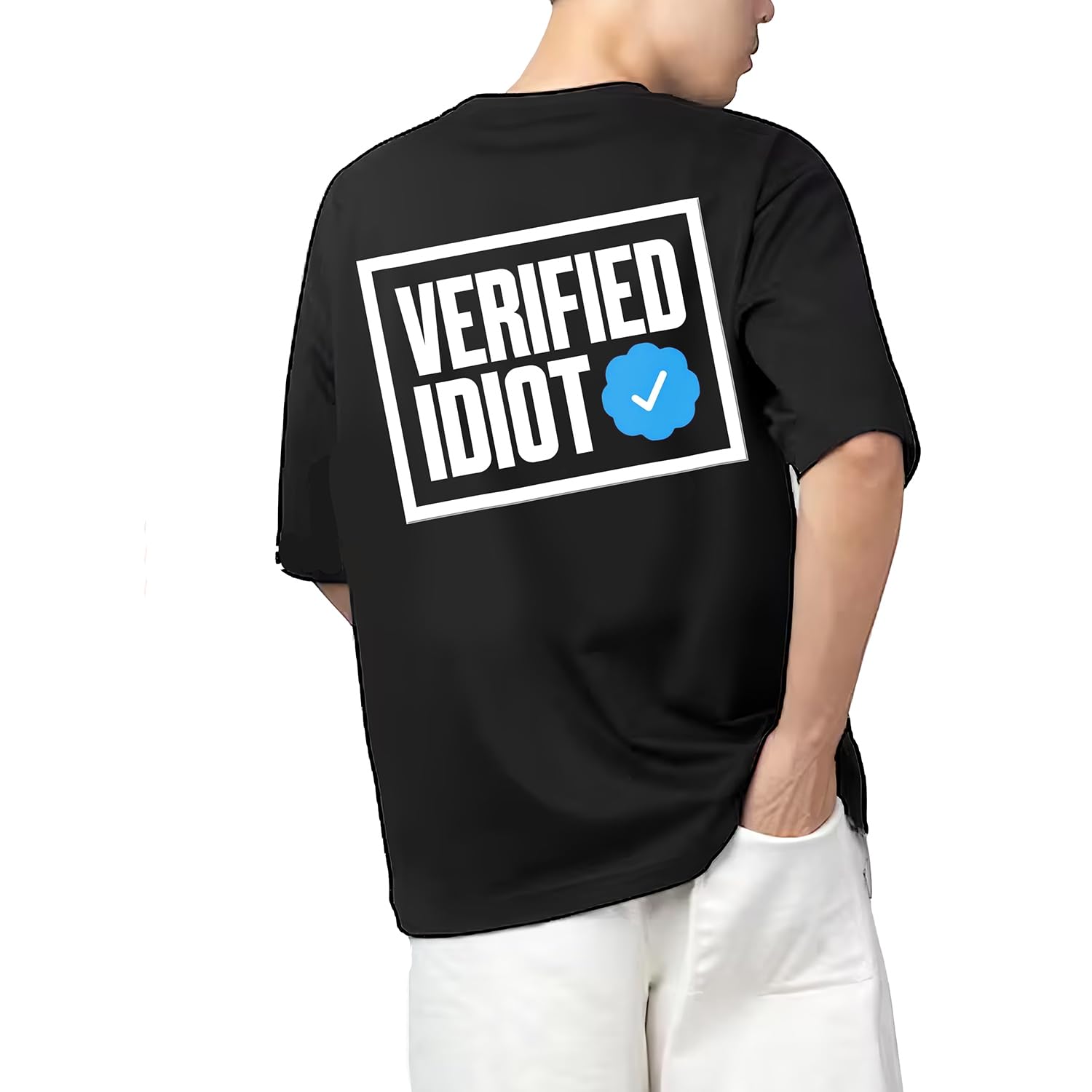 Tshirt Verified Idiot Model : 065 Men Cotton Printed Oversized/dropshoulder/Round Neck Black Tshirt for Men Women Unisex-image-48