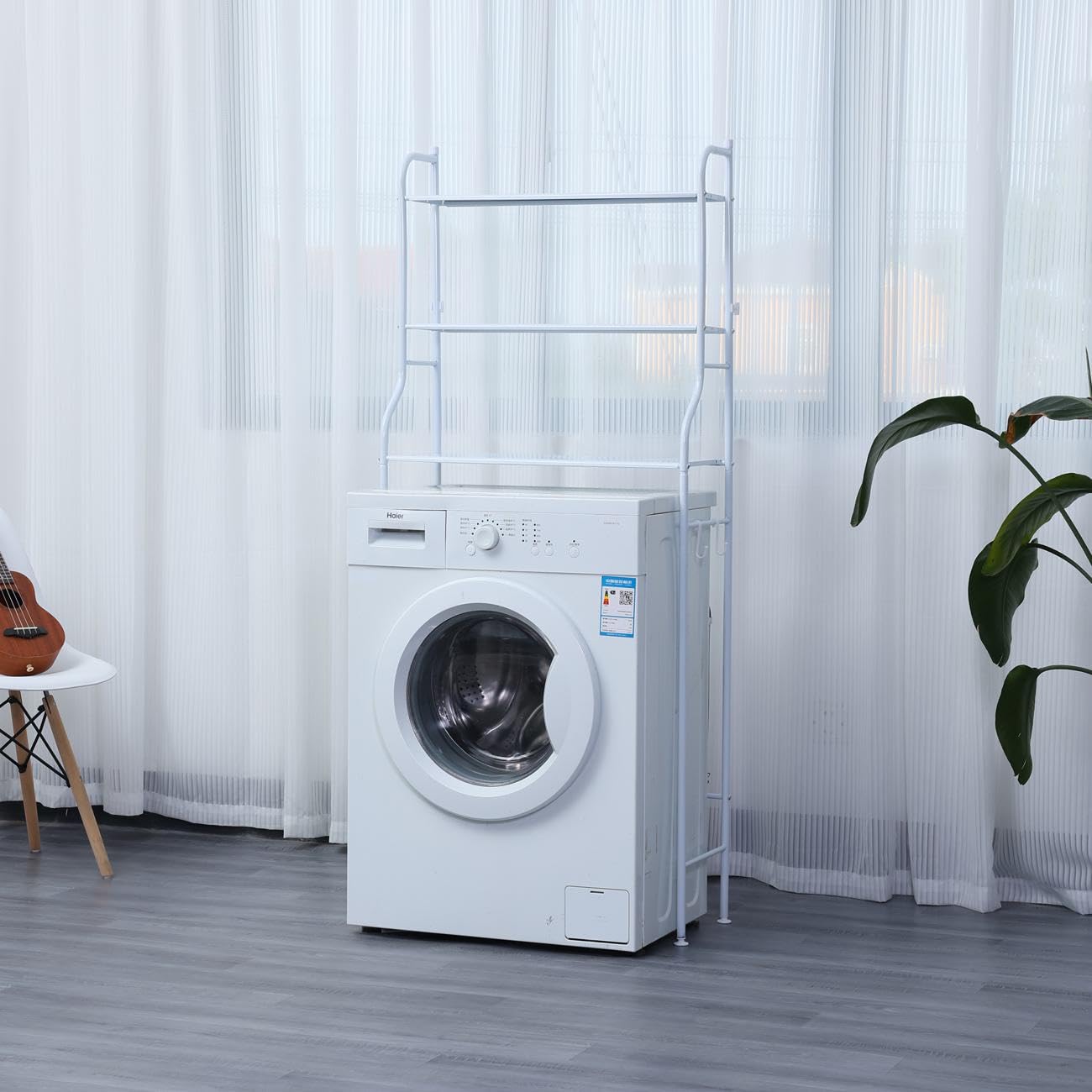Herzberg HG03282, Ablage 3 Ebenen für Waschmaschine und Badezimmer, Weiß, Einfacher Aufbau, Tragkraft 10 kg pro Ebene, Kohlenstoffstahl, Seitliche Haken, 65x25x122cm.