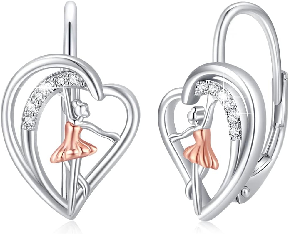Ballerina Earrings for Women 925 Sterling Silver Heart Ballet Pendant Ballet Earrings Ballerina Jewelry Gifts for Ballerina Dancer Teen Girls Mom Mother Valentines