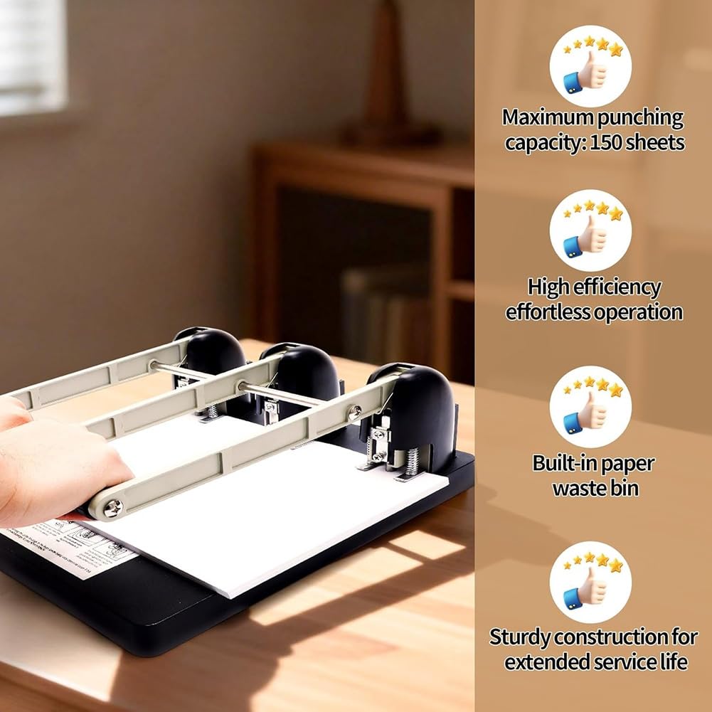Taglierina Sostituibile, Punch Professionale A 3 Fori, Capacità di 150 Fogli, Manico Ergonomico, Vassoio Grande