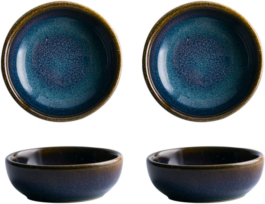 Colias Wing 2.5 Inch Vintage Blue with Brown Edge Stylish Design Multipurpose Porcelain Side Dish Bowl Seasoning Dishes Soy Dipping Sauce Dishes-Set of 4-Blue