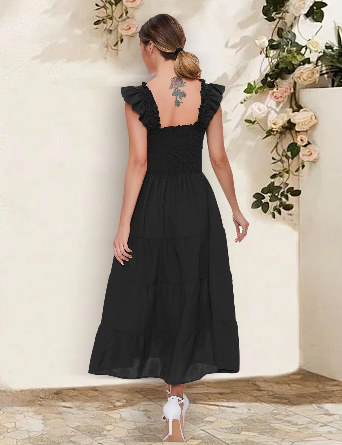 ROYLAMP Women's Summer Ruffled Strap Dress Square Neck Smocked High Waist Tiered A Line Flowy Sun Midi Dresses - Image 6