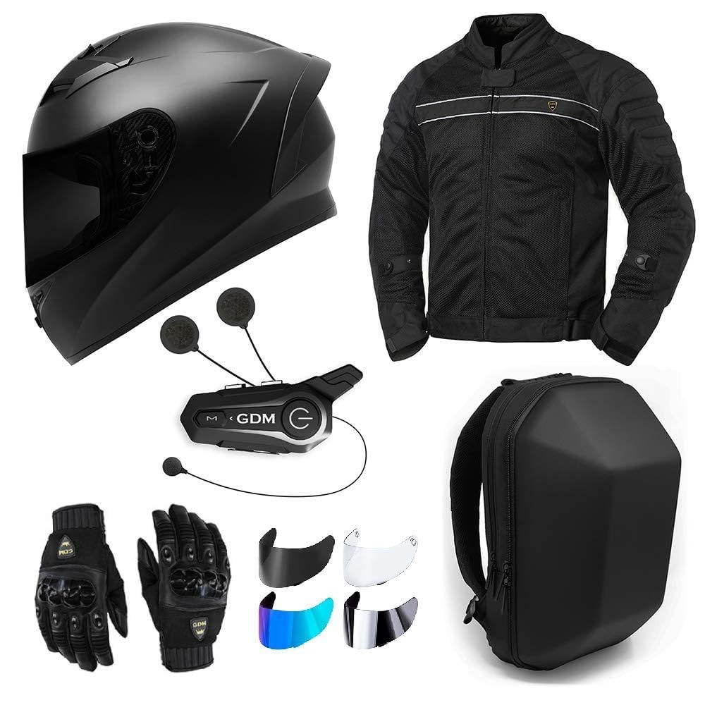 GDM Motorcycle Protective Gear Bundle (Premium Connect) - Helmet, Jacket, Gloves, Shields, Backpack, Bluetooth Intercom