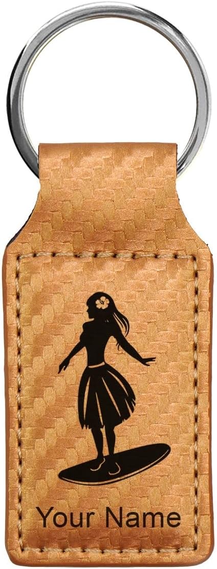 LaserGram Rectangle Keychain, Hawaiian Surfer Girl, Personalized Engraving Included