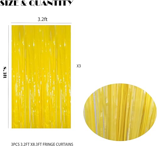 Miniatura 2 de Paquete de 3 cortinas metálicas amarillas de oropel de 3.2 x 8.2 pies, diseño de girasol, telón de fondo de fotos de papel de aluminio, accesorios