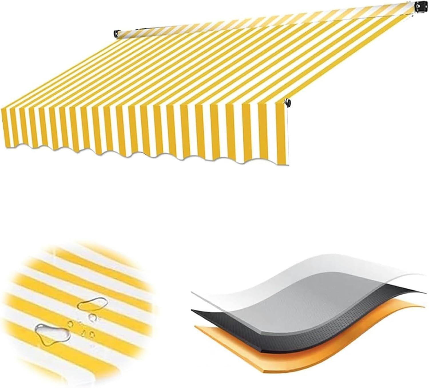 Patio Awning Retractable Handle Crank Deck Canopy, UV Protection Sun Shade, Manual Retractable Garden Patio Awning Replacement Fabric with Valance, Frameless