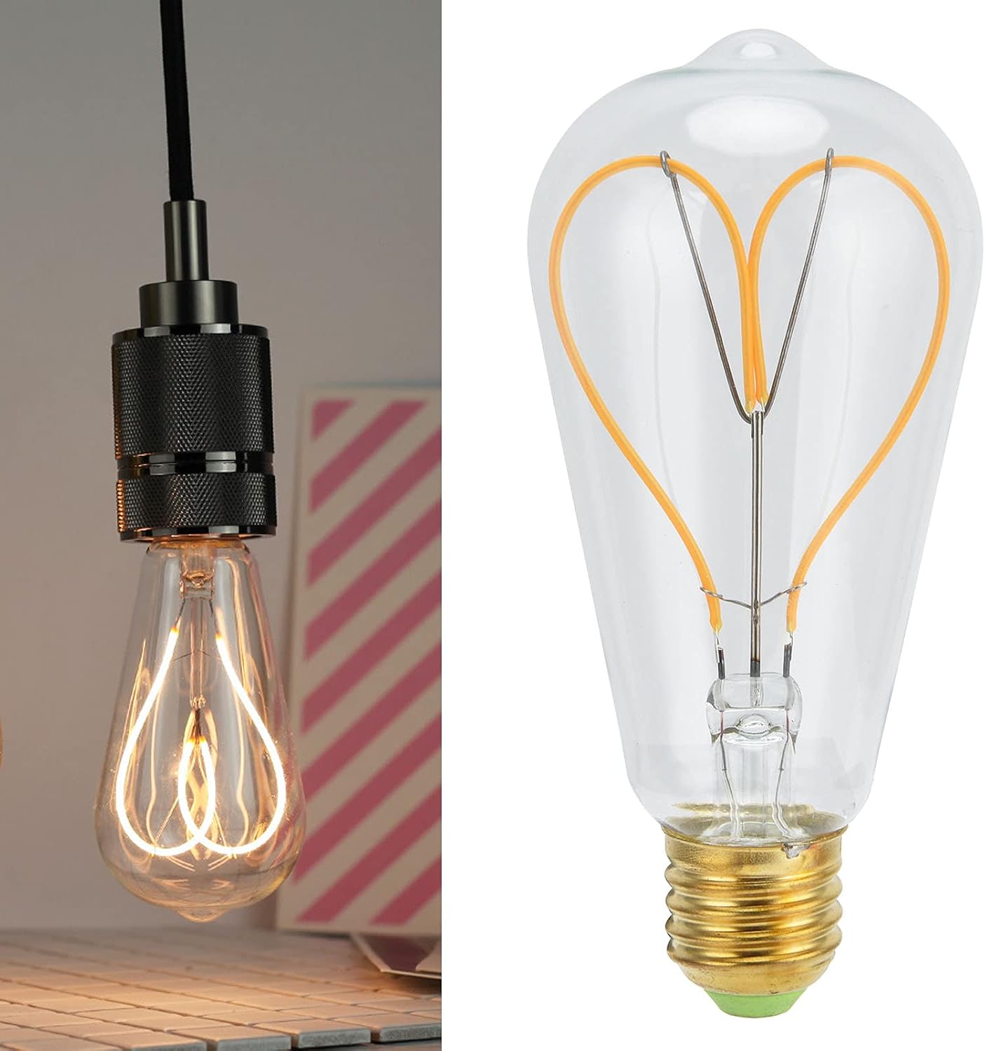 Garosa Vintage LED Bulb Heart Shaped LED Filament Retro Bulb Vintage Light Bulb E27 Lamp Holder 4W 2300K 220LM Spiral Filament Adjustable Brightness Warm Light 220V(Transparent)