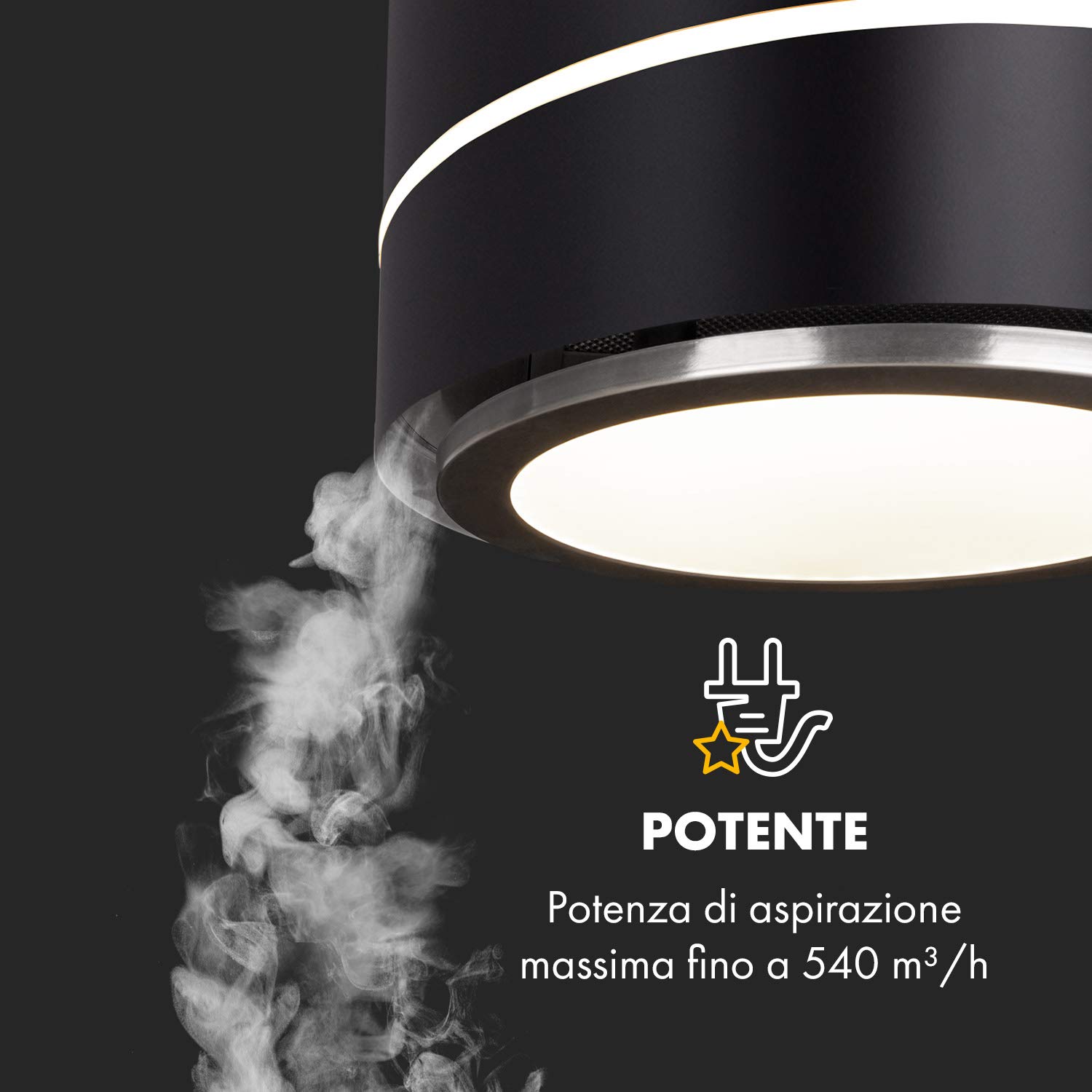 KLARSTEIN Tron Ambience - Cappa da Cucina, Filtri a Carboni Attivi, Cappa Aspirante, ad Isola, 38 x 45 cm (ØxB), Sospensione 60 cm, 3 Modalità, Portata Aria: 540 m³/h, Nero