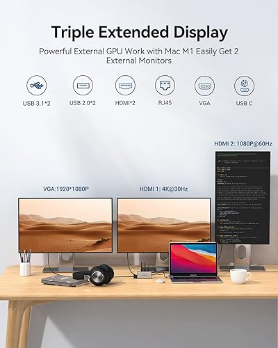 Miniatura 3 de GIISSMO - Estación de acoplamiento triple de estación de acoplamiento USB C 9 en 1 adaptador de monitor dual a HDMI dual USB 31 de 10 Gbps Gigabit