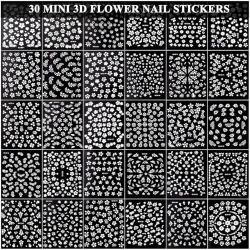Image of MAYCREATE 30 Sheets White Flower Nail Stickers Self Adhesive Floral Decals | Easy Peel and Apply, Neat Coverage for Quick Manicures, Small Floral Designs, Ideal for Home and Salon Nail Styling