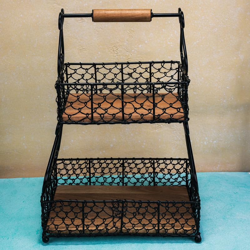 Image of Vintage Charm 2-Tier Fruit & Vegetable Basket | Acacia Wood & Iron Storage Organizer with Wooden Handle | Multipurpose Countertop Basket for Fruits, Vegetables, Bread & Pantry Storage