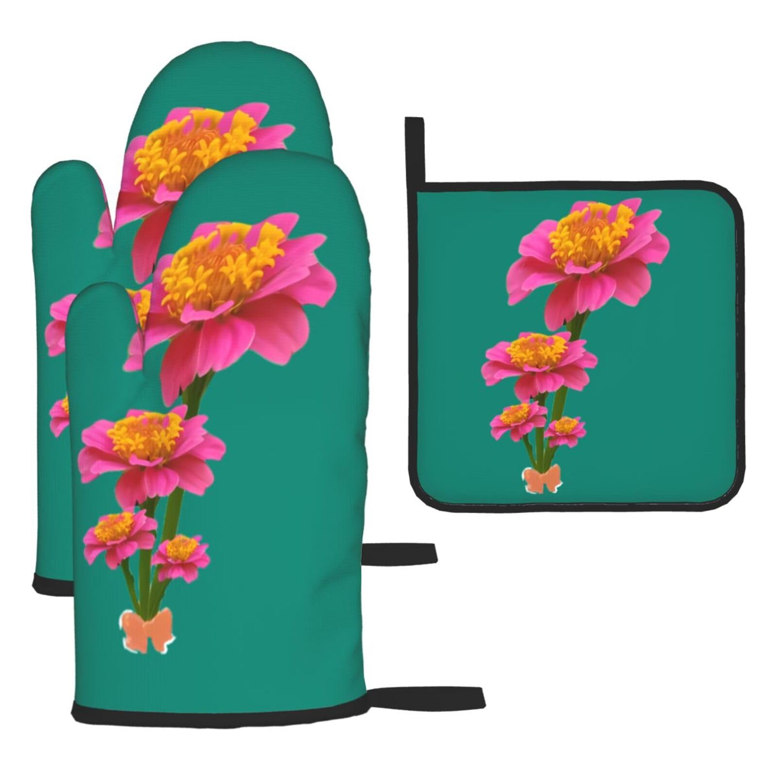 Fine Leaf Chrysanthemum Oven mittens and oven mitts three-piece set suitable for oven, grilling, baking, microwave and home cooking.