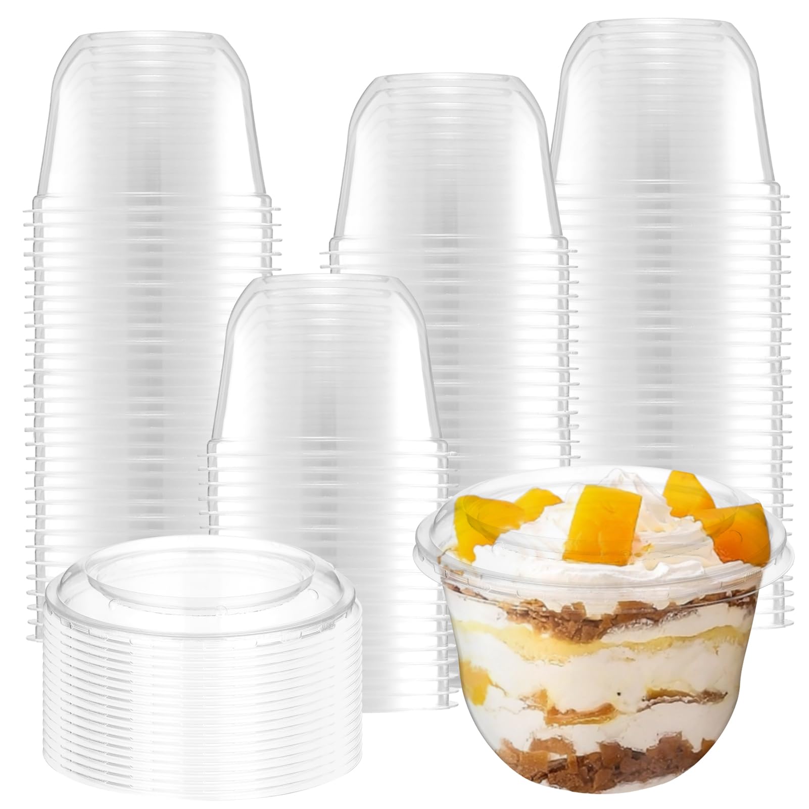 Photo 1 of 100 Pack 10 Oz Clear Stackable Disposable Plastic Cups with Flat Lids, 300ml PET Ice Cream Cups with Lids Dessert Containers for Party Cold Drinks Pudding Jello Fruits Juice Milkshake Tiramisu Cake