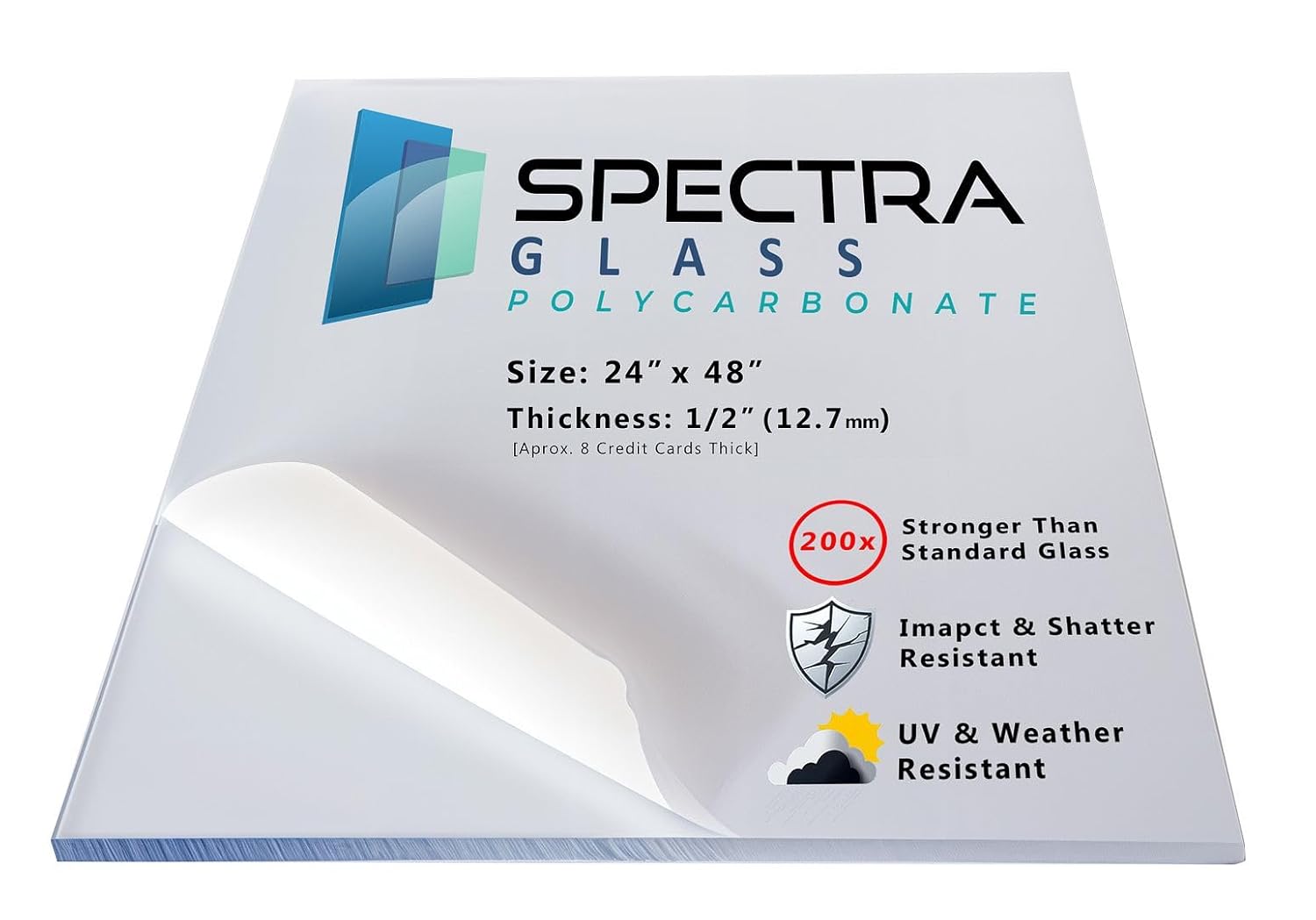 Spectra Glass Clear Polycarbonate Plastic Sheet. Stronger Than Plexiglass Sheets. UV, Impact, Weather Resistant. Sizes Nominal Cut Within +-1/8". Made in USA. 24" x 48" (1/2" Thick)