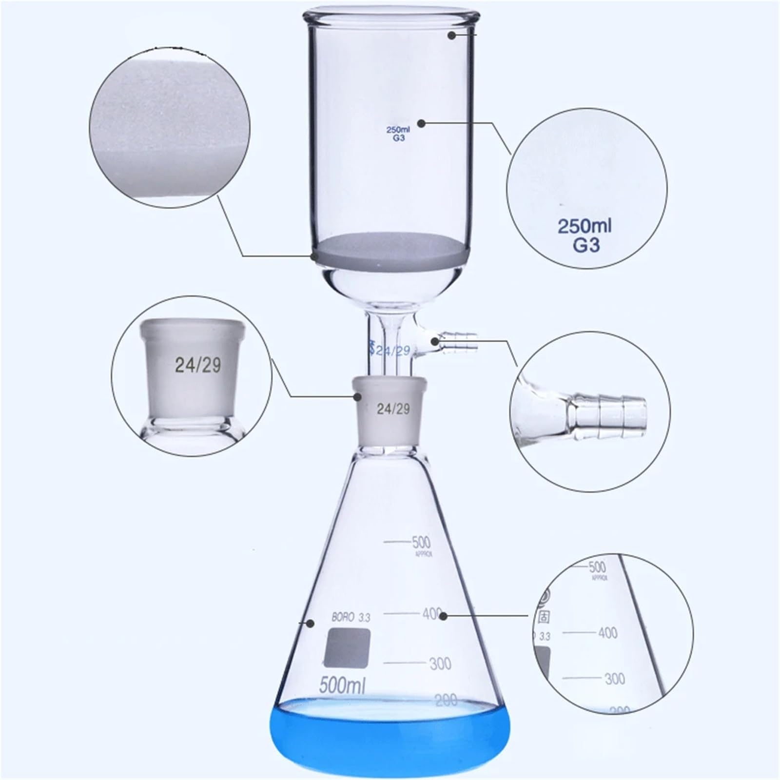Kit de botella de filtro de destilación por filtración al vacío, cristalería, experimento químico(500ml 250ml)