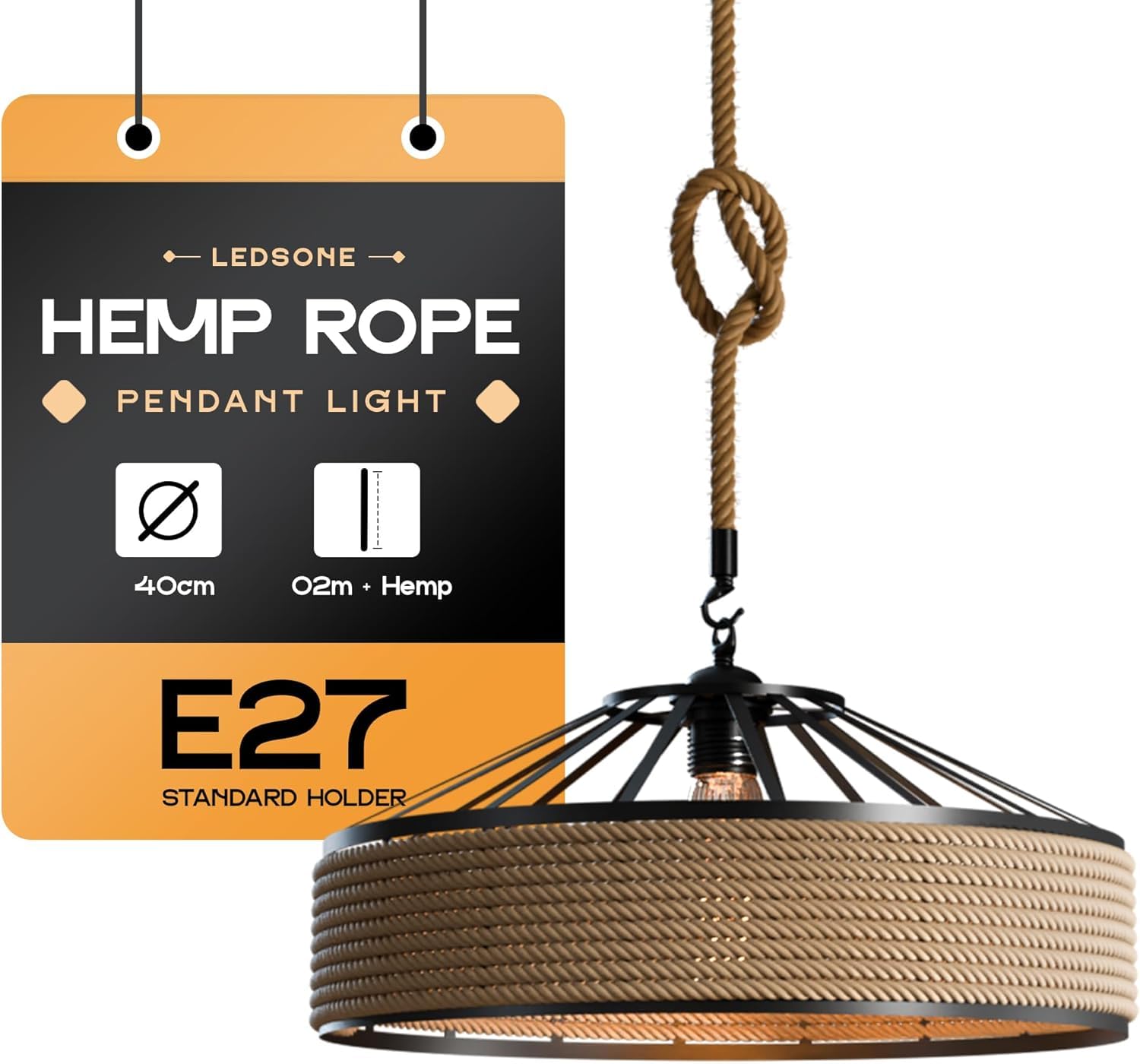 40cm Metal & Rope Pendant Light , Retro Black Light Shade with 2m Jute Rope Lamp Shades Ceiling, Rattan Lampshade, Pendant Lampshades for Ceiling Lights, Living Rooms, Kitchen, Bedroom, Hallways