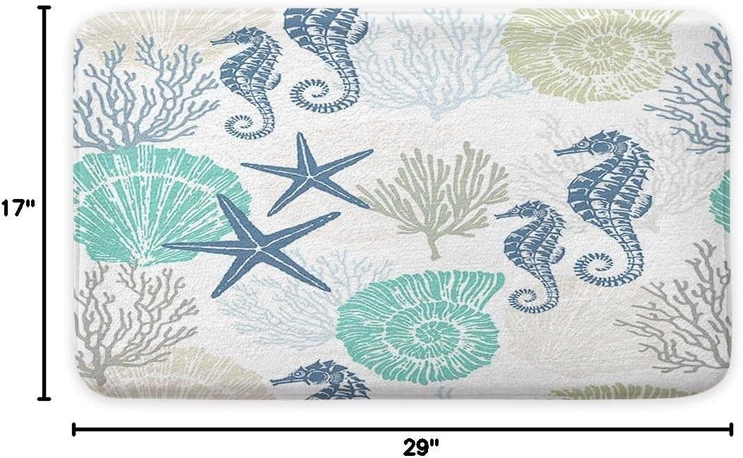 Beach Bathroom Rugs, Coral Ocean Themed Bath Mats for Bathroom, Tropical Starfish Seahorse Conch Bath Mats Rugs 17X29in - Image 2