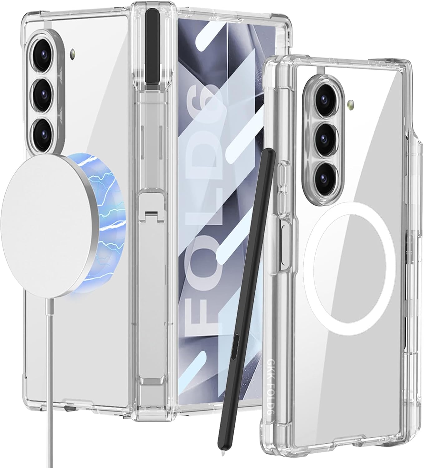 for Samsung Galaxy Z Fold 6 Case with S Pen Holder Case, Compatible with Magsafe Wireless Charging Built-in Screen Protector & Kickstand Full Body Clear Case (Full Clear)