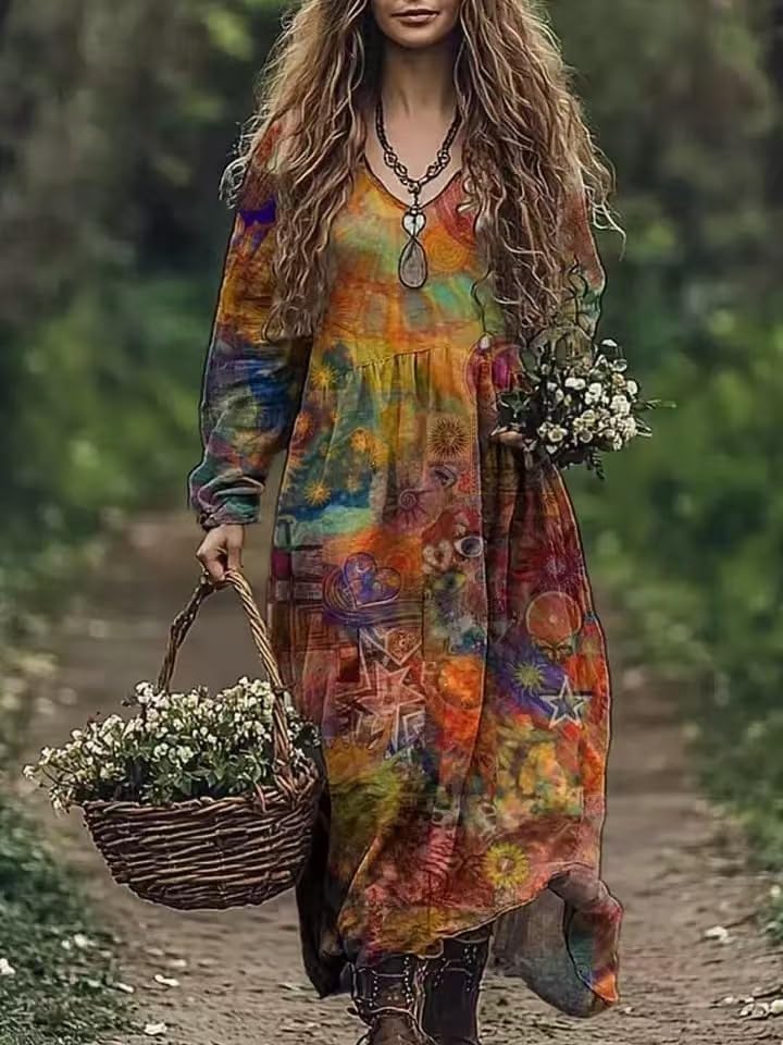 Women's Long Sleeve V Neck Bohemian Maxi Dress Loose Fit Floral Tie Dye Casual Dress for Vacation Daily Wear - Image 2