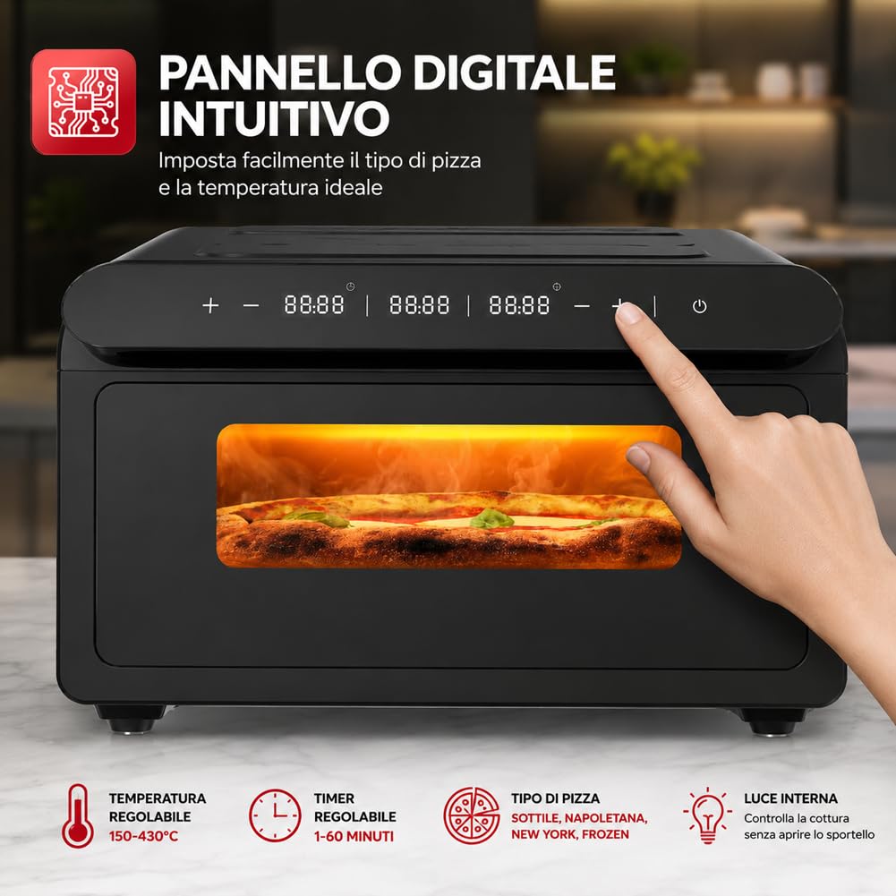 BAKAJI Forno Elettrico per Pizza Potenza 2200Watt, Pietra Refrattaria da 32 cm, Cottura in 3 Minuti, Calore Omogeneo 360°, Pizza Maker con Timer Regolabile, Temperatura 150-430°C, Nero