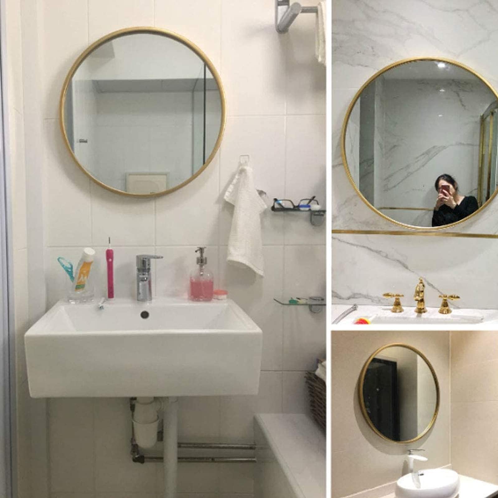 Specchio Espejo de pared Redondo, Espejo de baño con borde de Hierro forjado, Espejo de maquillaje HD a prueba de explosiones, Espejo de afeitar para Sala de estar, dormitorio, pasillo.