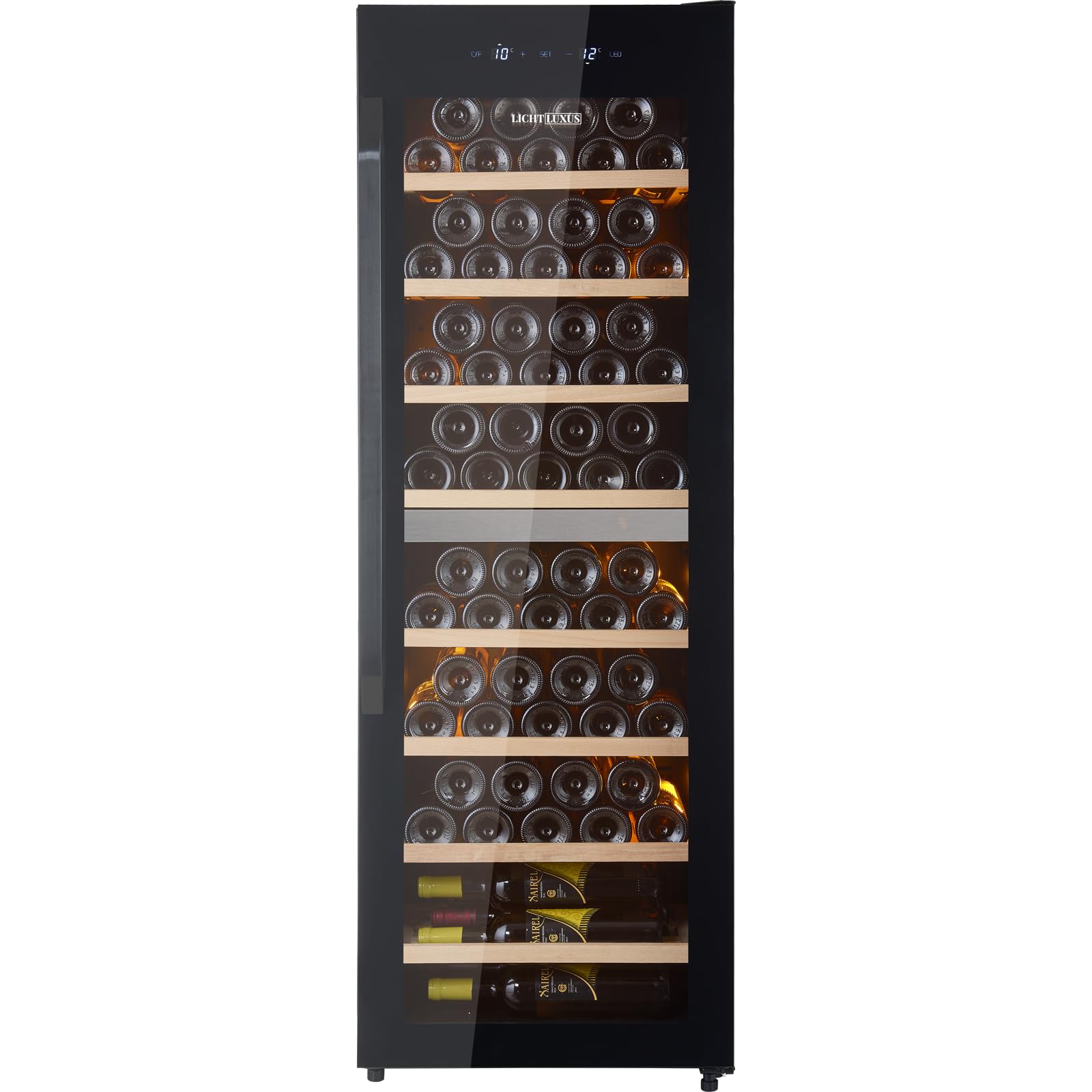 Weinkühlschrank 2 Zonen für 71 Flaschen – Freistehender Weintemperierschrank mit 3-fach UV-Glastür & Holzablagen (5-20°C) – Großer Getränkekühlschrank für Wohnzimmer & Weinkeller