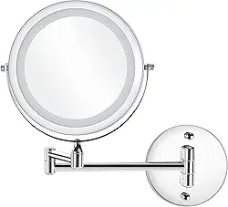 Espelho de Maquilhagem Iluminado de 7 Polegadas Para Montagem Na Parede, Espelho de Maquilhagem Redondo com Ampliação Dupla 1x/5x, Prata