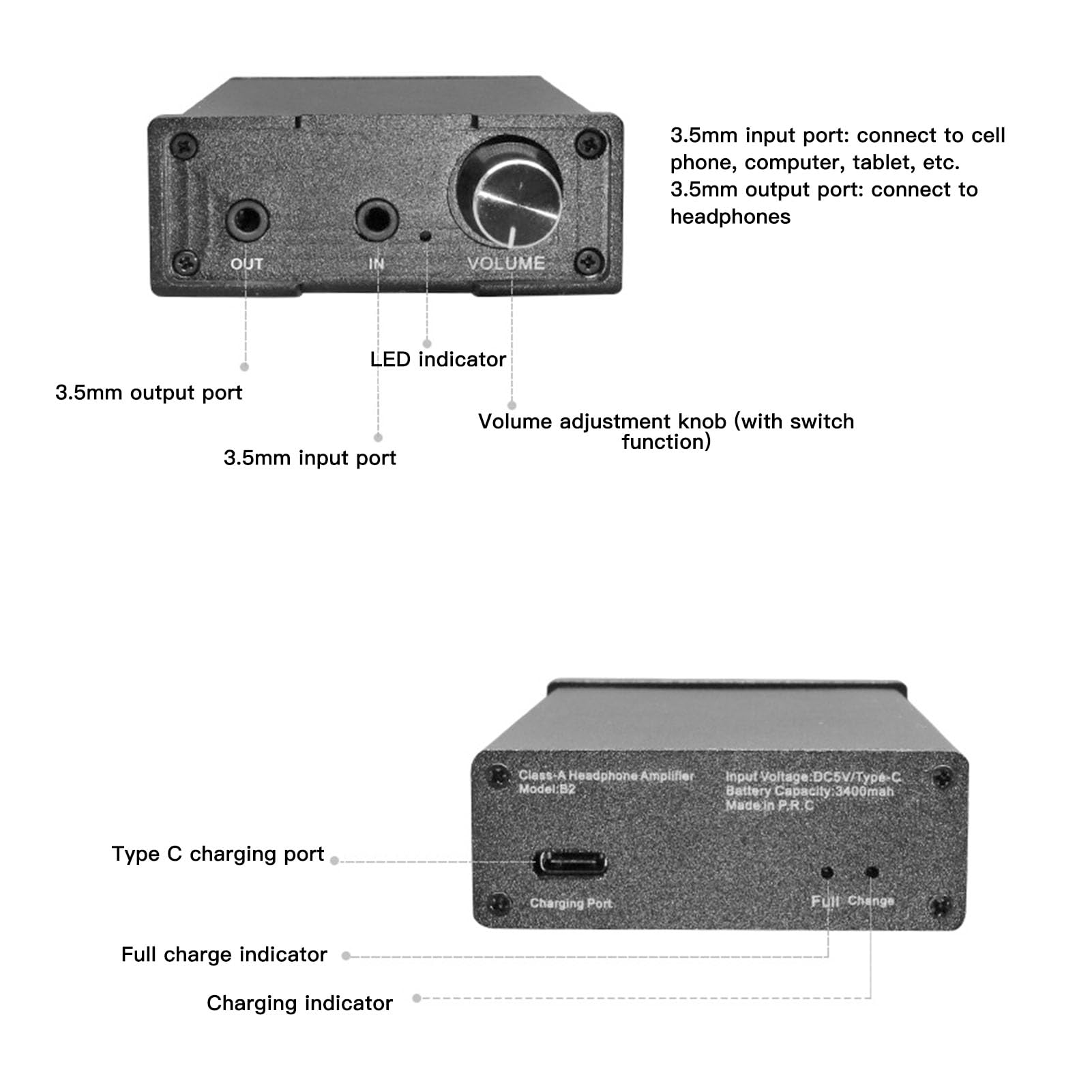 Amplificatore per cuffie, Amplificatore per cuffie portatile 3,5 Mm, Amplificatore per cuffie ricaricabile 3400 MAh, Amplificatore da scrivania con presa da 3,5 Mm, Amplificatore