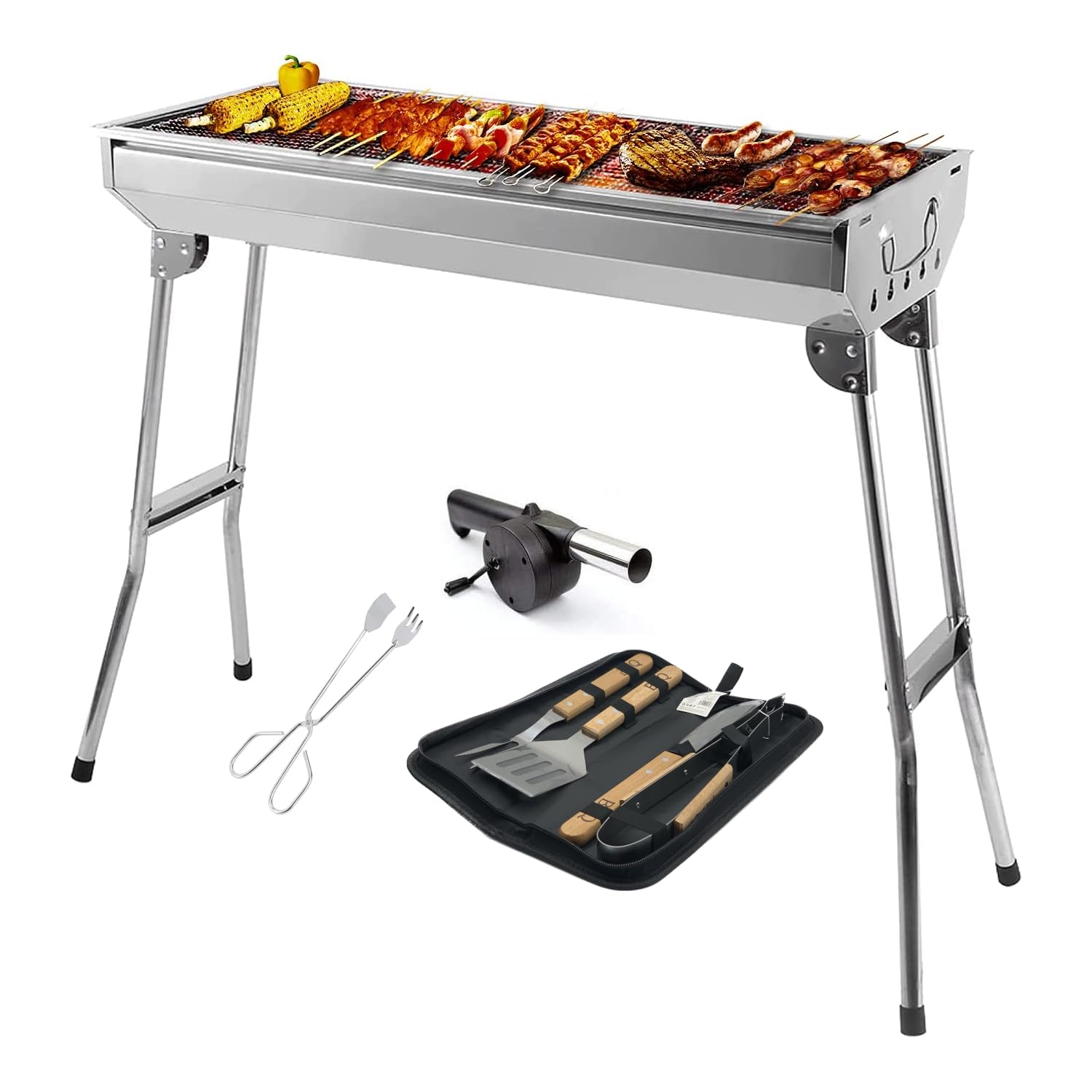 Oceano Barbecue a carbone in acciaio inox bracere richiudibile in metallo portatile bbq da esterno griglia per giardino pic-nic campeggio escursione gita (33x73x71cm + soffiatore + utensili)