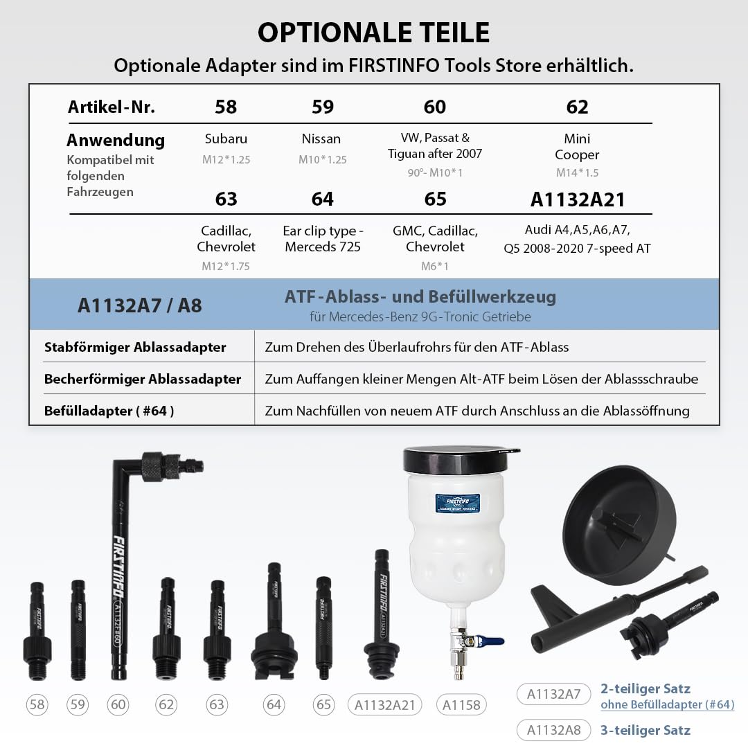 FIRSTINFO Getriebeöl Befüllgerät 10,5 L, Manuelle ATF Befüllpumpe mit 14 Adaptern für Automatikgetriebe DSG CVT, Professionelles Ölfüllsystem A1138HN