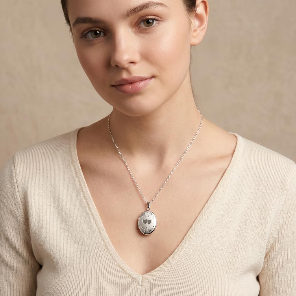 Alexander Castle Collier Médaillon Ovale en Argent Sterling 925 pour Femme Fille 4 photos - Médaillon Ovale 28 mm x 22 mm avec Chaîne en Argent de 45 cm et Coffret Cadeau Bijoux