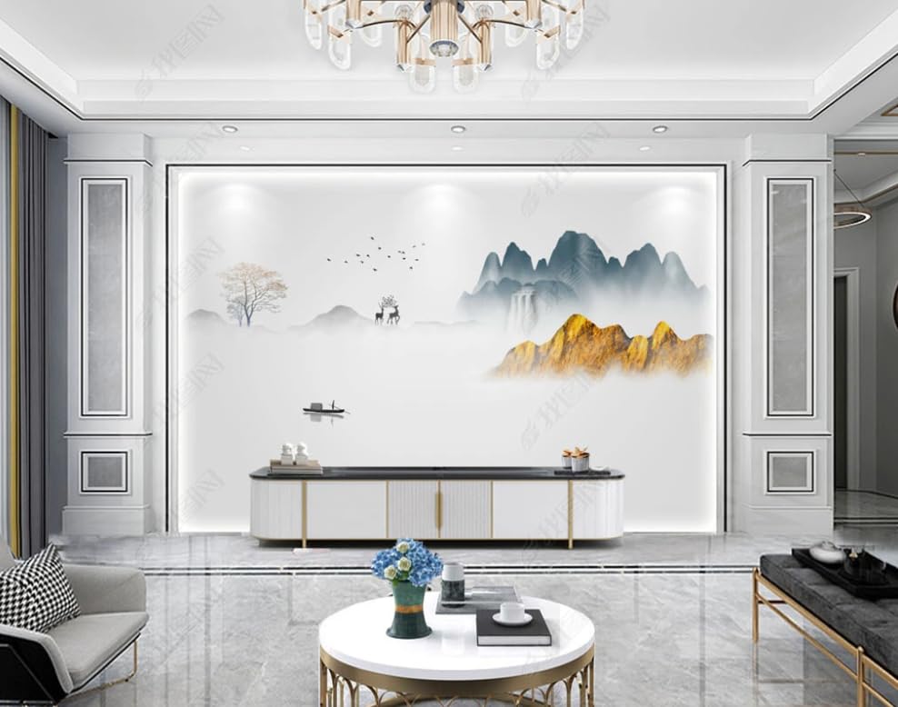 Papier peint intissé paysage à l'encre 300x210 cm pour salon