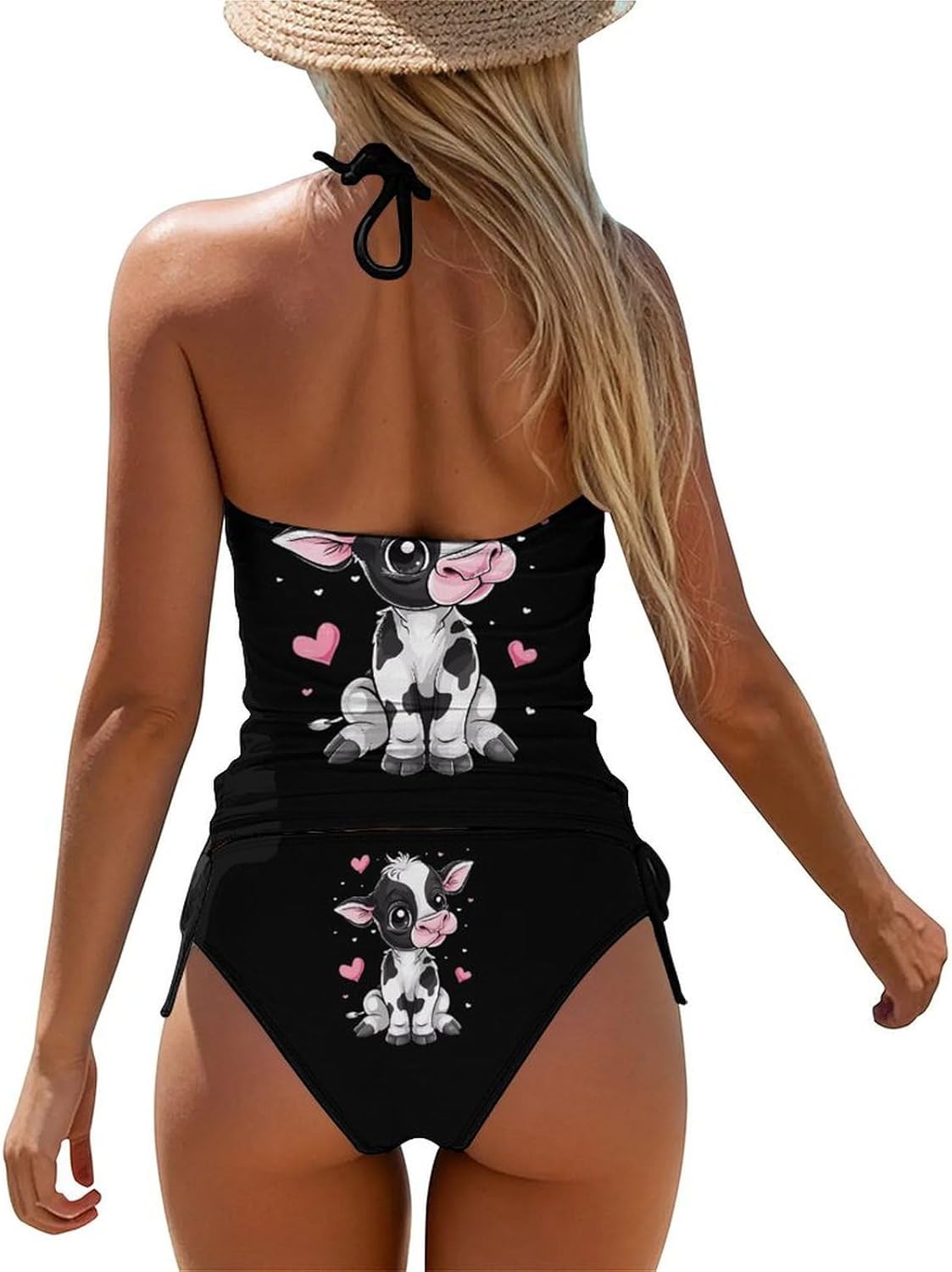 Cute Cow Women's Tankini Swimsuit Two Piece Tummy Control Bathing Suits Tie String Swimwear