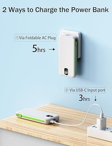 Miniatura 4 de Cargador portátil con cables integrados y enchufe de pared de CA, cargador de batería de 10000 mAh, carga rápida USB C para iPhone, Samsung,