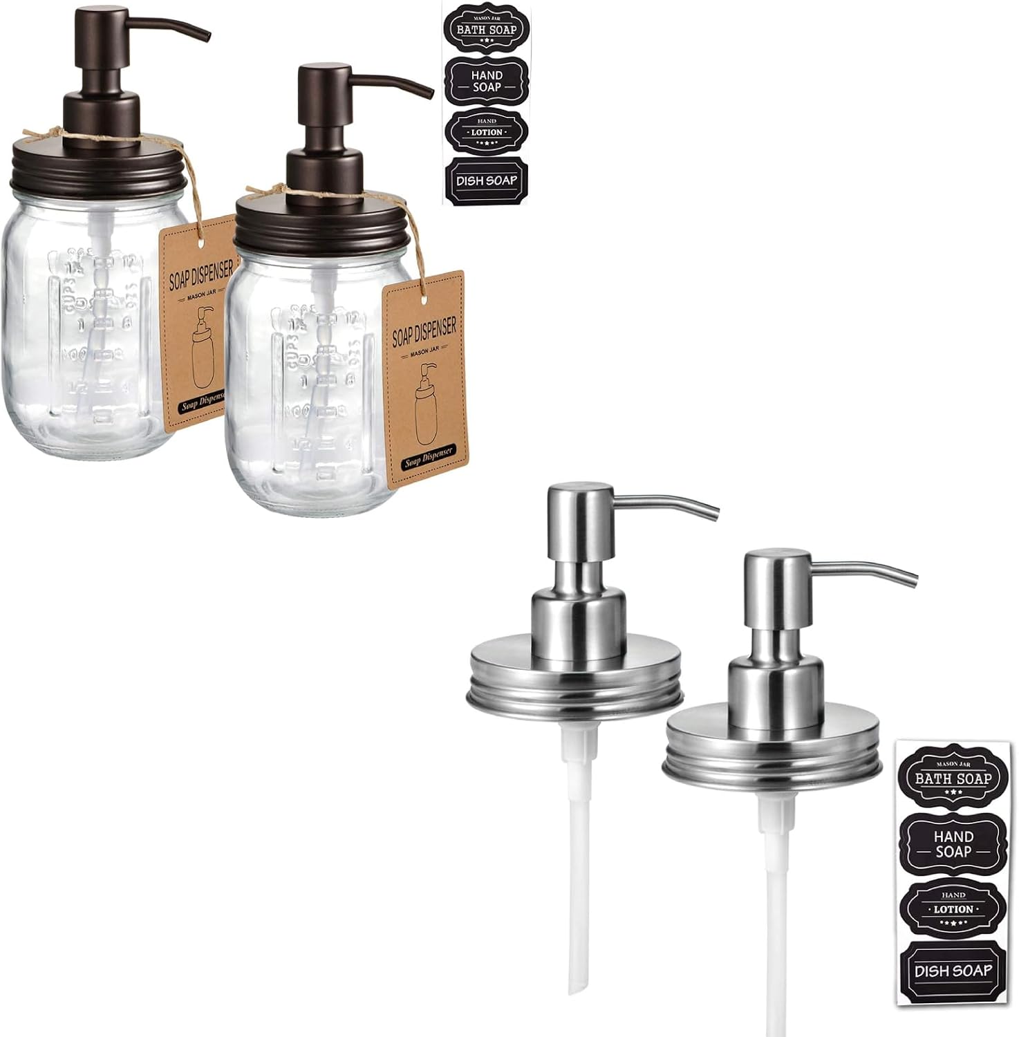 Amolliar Mason Jar Liquid Soap Dispensers, Rustproof Stainless Steel Mason Jar Lid Pump, Refill Hand Soap, 2PC (Bronze) Bundle with Mason Jar Liquid Soap Dispenser Lid Pump, Brushed Nickel 2Pack