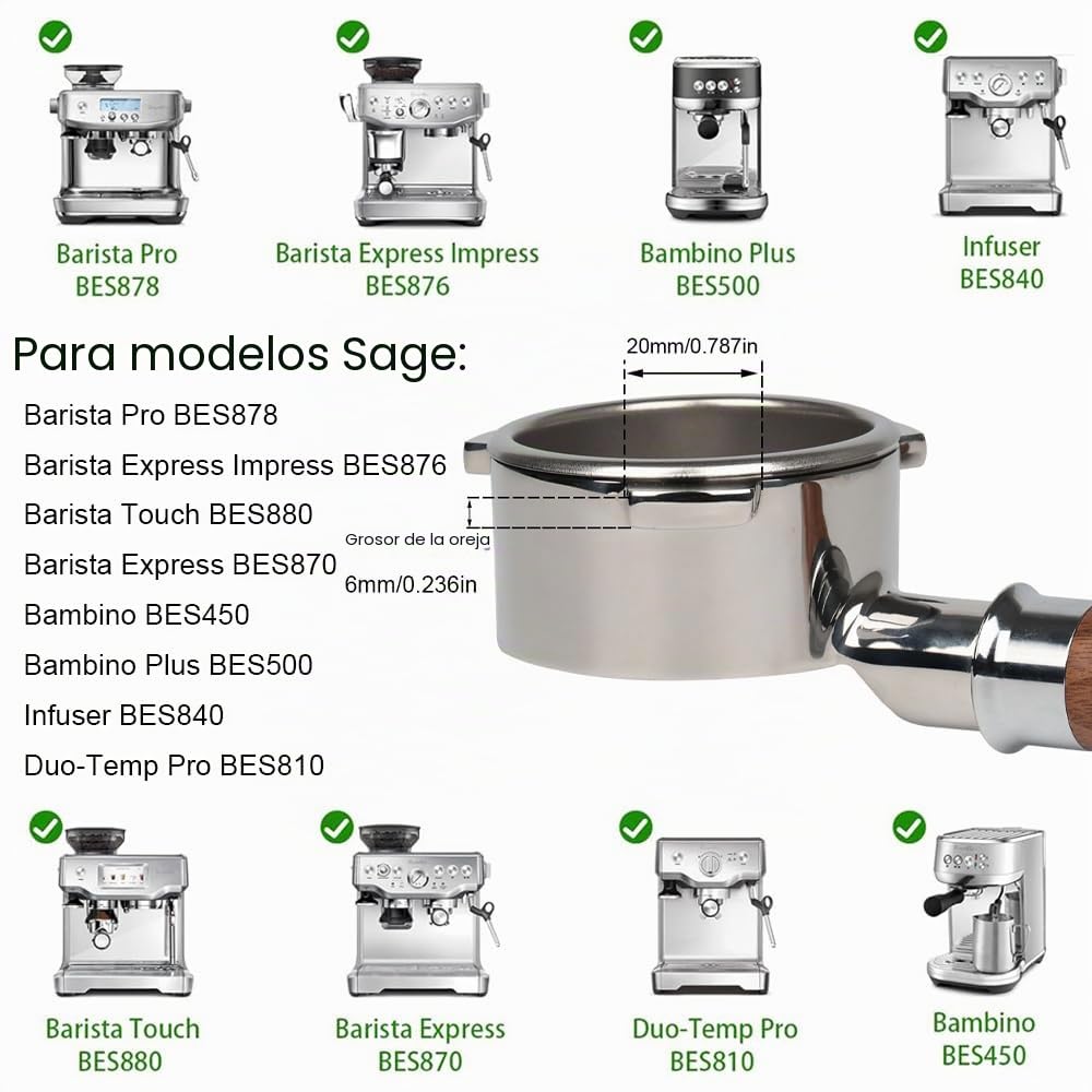 CAPFEI Portafiltro sin fondo, 54 mm, compatible con Sage/Breville Barista Express, Pro, Touch e Impress | Hebilla en T Mango de nogal