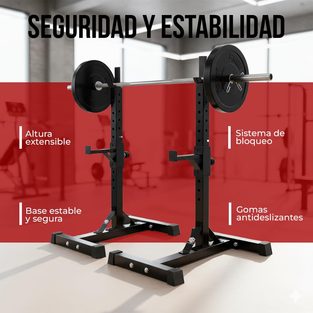 ManiBoom Soporte Barra Pesas para Sentadillas o Press Banca ESTABLE - Maquina Sentadillas Max. 300KG - Rack Musculación AJUSTABLE a 13 Alturas - Soporte Pesas Compacto para Gym en Casa