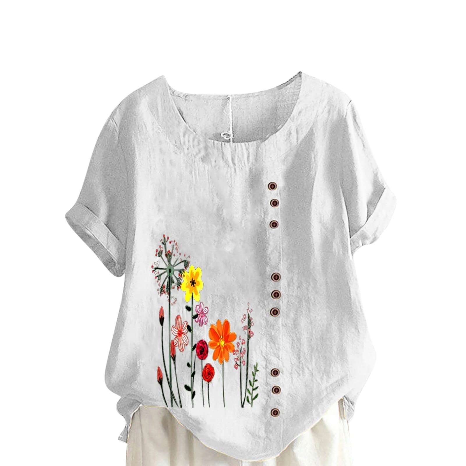 Women Floral Print Linen Shirts Short Sleeve Gauze Tops Loose Fit Cotton Blouses Trendy 2024 Clothing