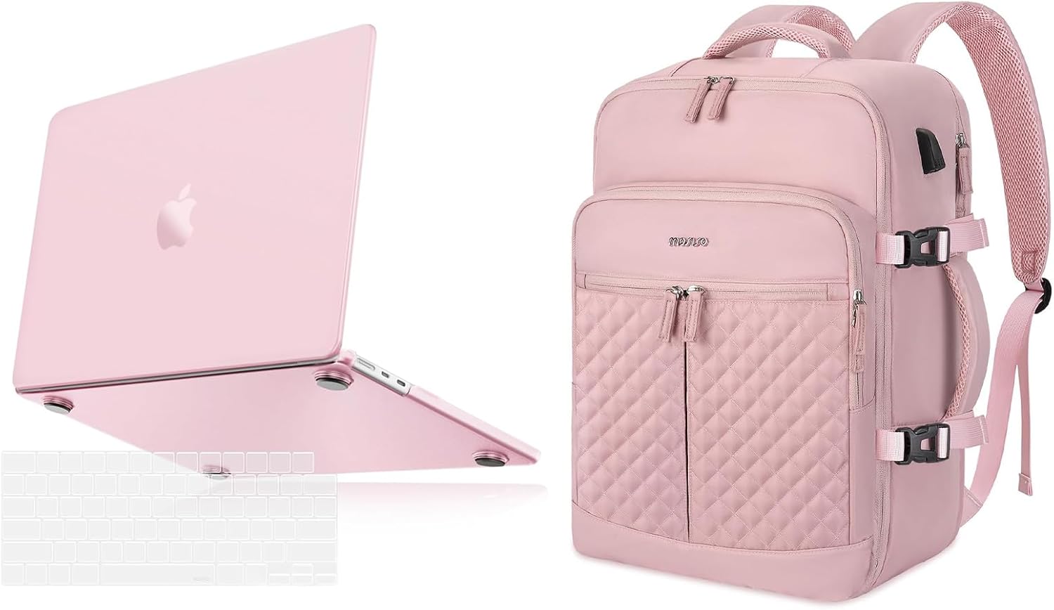MOSISO 40L Rhombus Quilted Travel Backpack with Drawstring Bag&Compatible with MacBook Air 13 inch Case 2025-2022 M4 M3 M2,Ultra-Thin Natural Original Color Case&Keyboard Skin, Baby Pink&Pink