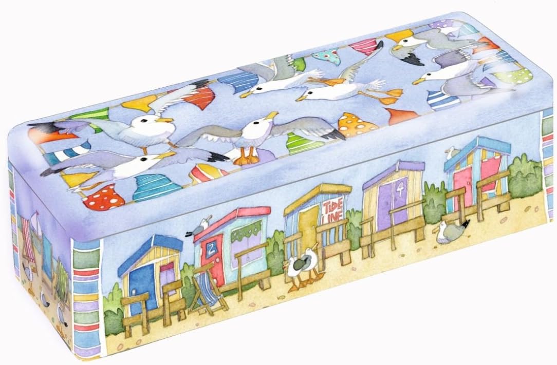 BEACH HUTS - BESIDE THE SEA - Emma Ball Colourful Cream Cracker/Biscuit Tin - Long, Deep Rectangular Kitchen Tin - 24cm