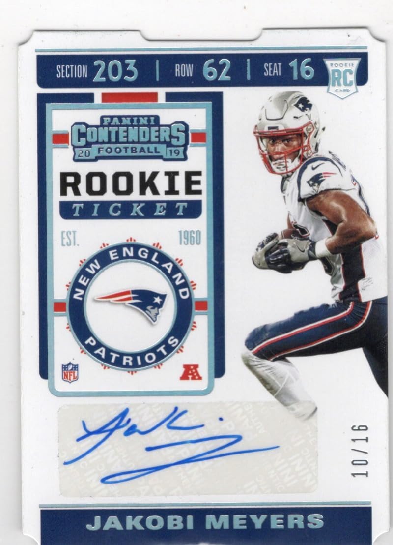 Jakobi Meyers Autographed & Serial Numbered #10/16 Rookie Ticket Rookie Card Rookie Ticket RPS Variation Die CUt Collectible Football Card - 2019 Panini Contenders Football Card #183 (Patriots)