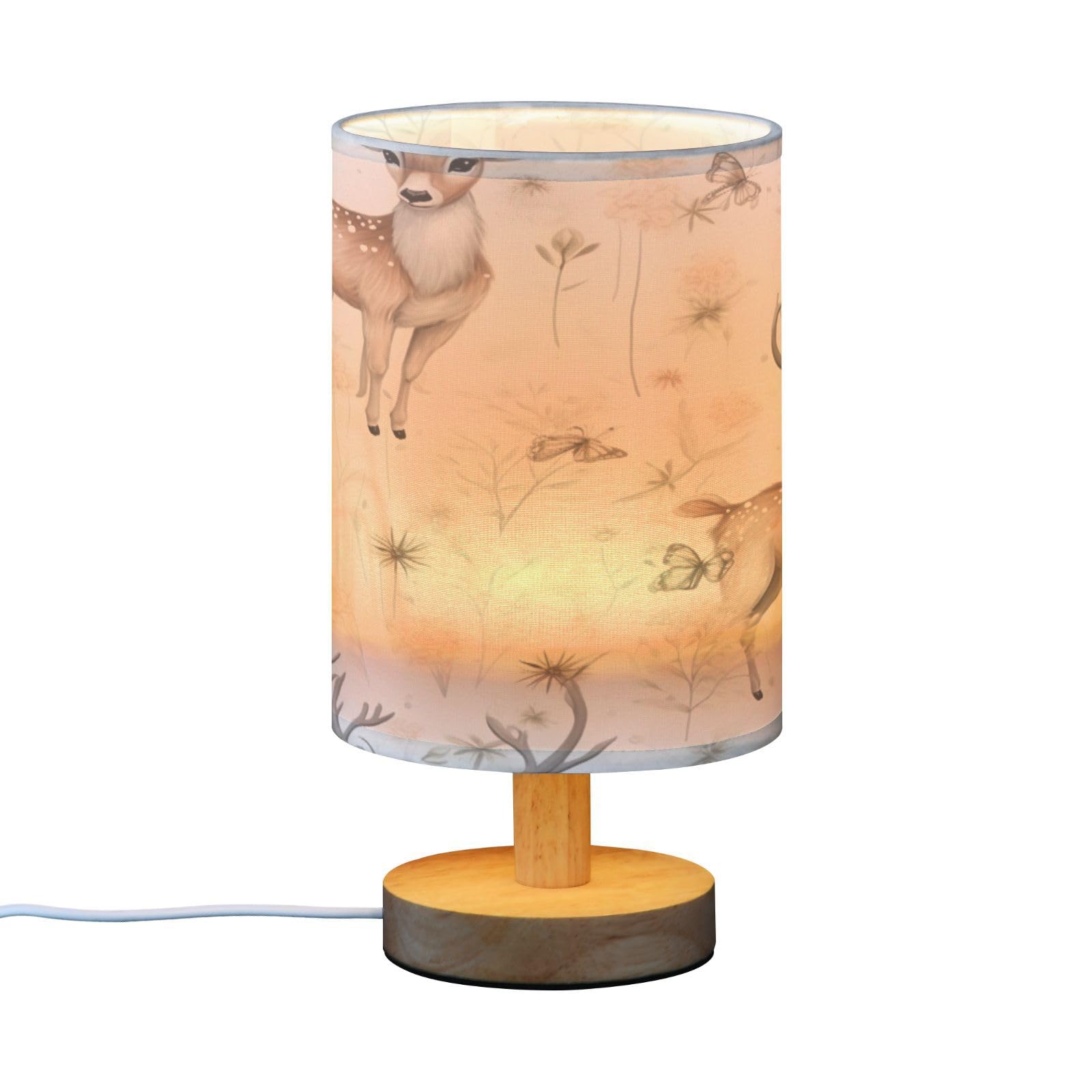 SDMKA Deer with Flowers Bedside Table Lamp for Bedroom, Minimalist Nightstand Lamp with Round Fabric Shade for Living Room, Office, No Bulb Required