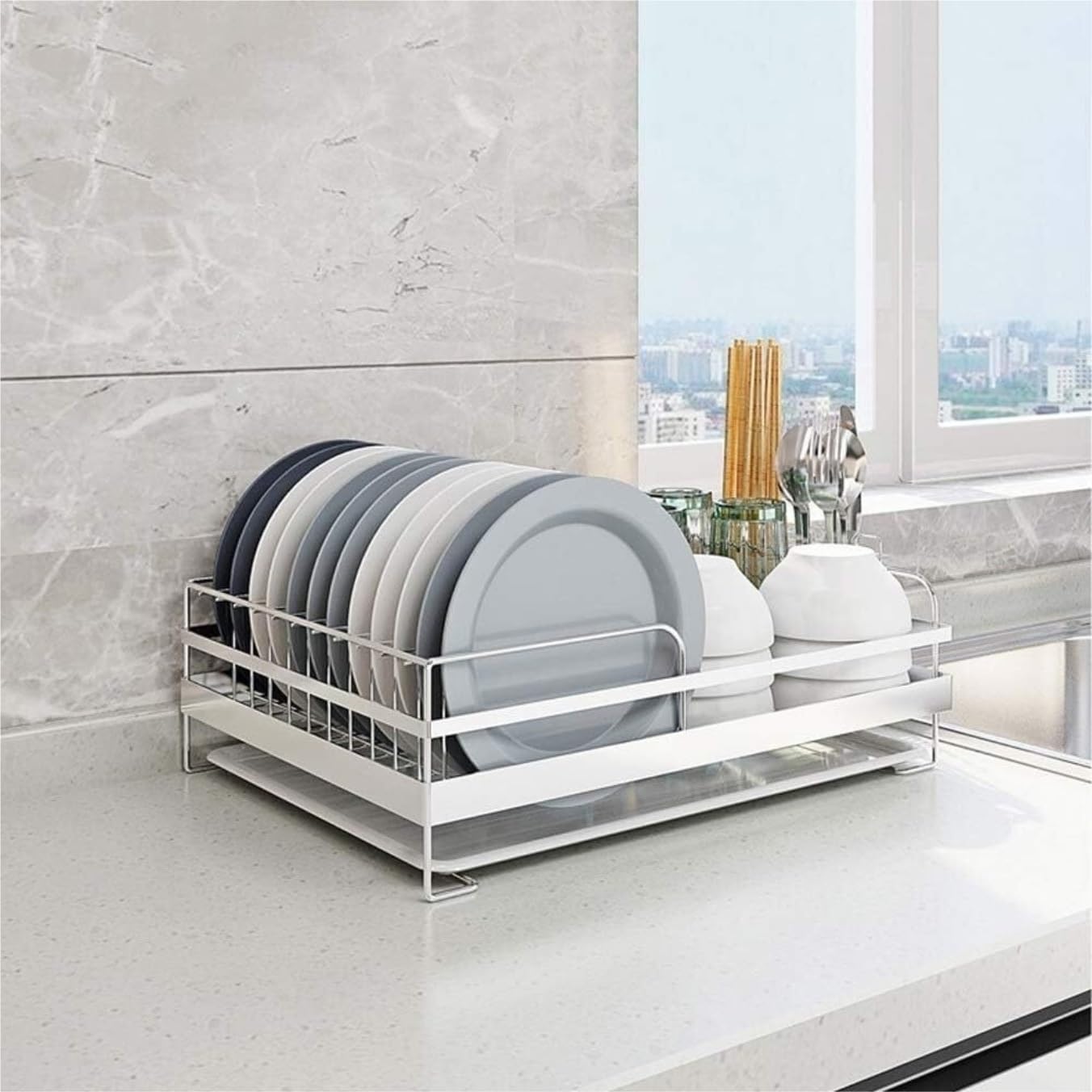 Abtropfgestell Aus Edelstahl, Küchenregal Mit Essstäbchenregal Für Zu Hause (Color : Silver, Size : 39.5 * 26 * 14cm)