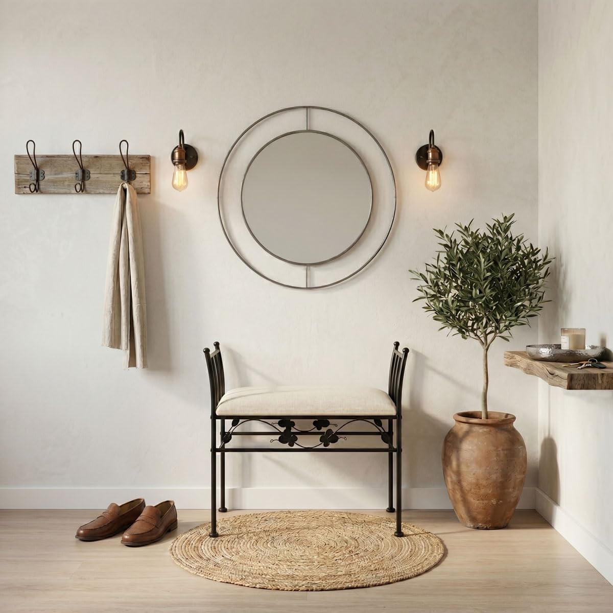 LOLAhome Banqueta para pie de Cama de Metal Negro y Asiento de Lino Beige | Taburete para dormitorio o vestidor de 68cm de largo y 30cm de ancho. Altura asiento 46cm. Altura total 64cm