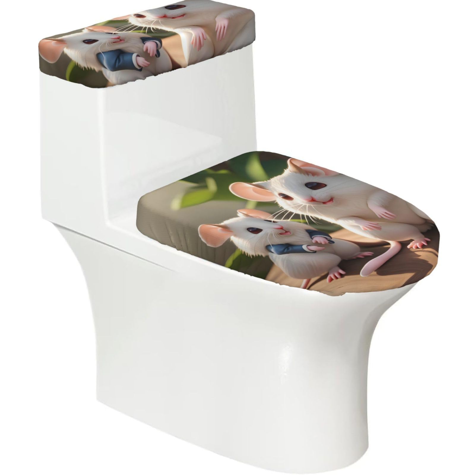 Mother and Child Rats 2-Piece Toilet Seat Cover Set with Tank Lid - Elastic for U-Shape & Elongated - Bathroom Decor