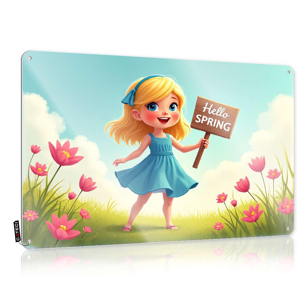 Tin Plate Sign With Western Decor For Boots Folded Edge - Bathroom Rules Wall-mounted Funny Saying | Customized Signs Wall & A Girl In Blue Dress Holding "hello Spring"