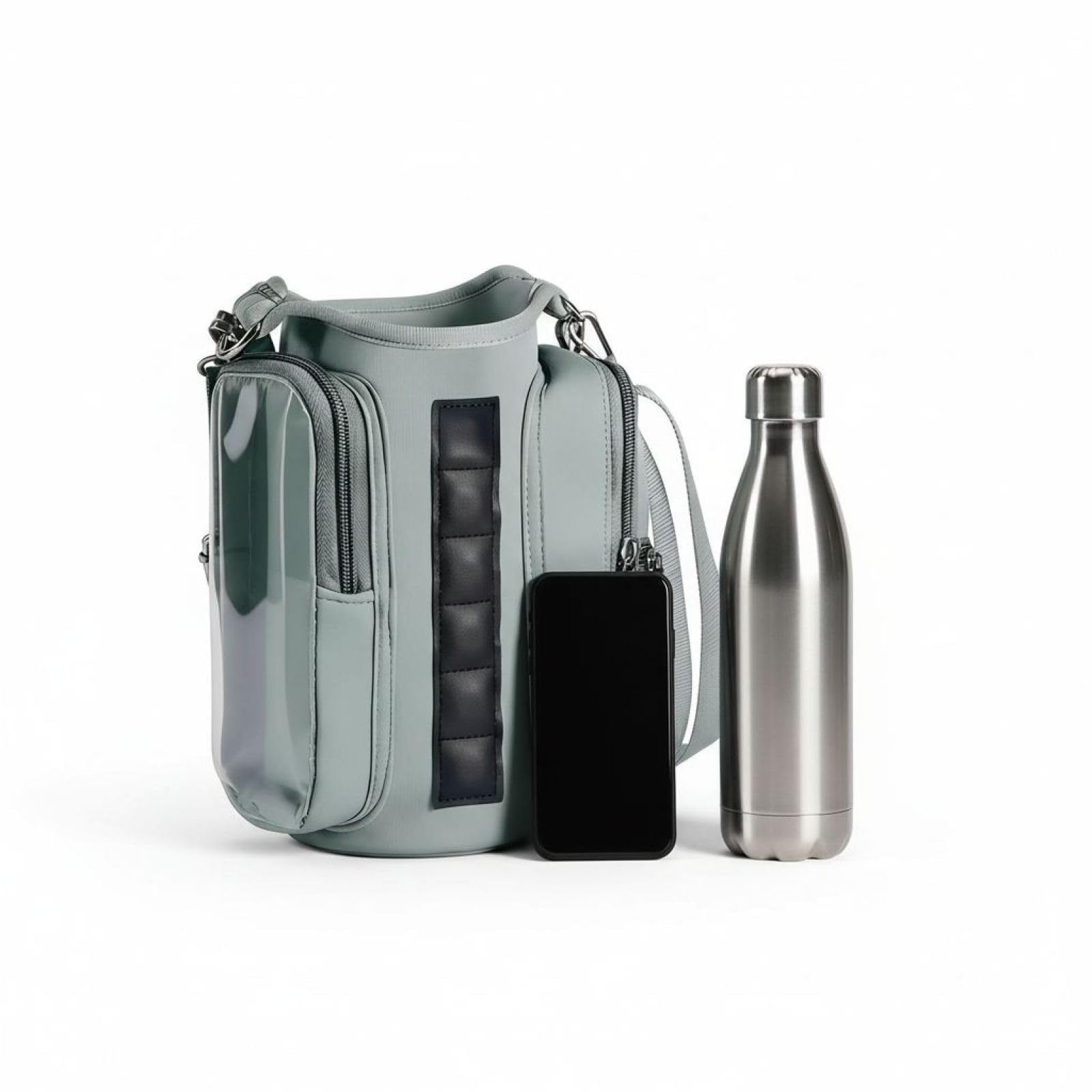 Flaschenhülle mit robuster Befestigungskraft, Neopren-Tragetasche für Wasserflaschen mit Tasche, tragbare Becherhülle für Fitness, verstellbarer Schultergurt, transparentes Smartphone-Fenster, Grau