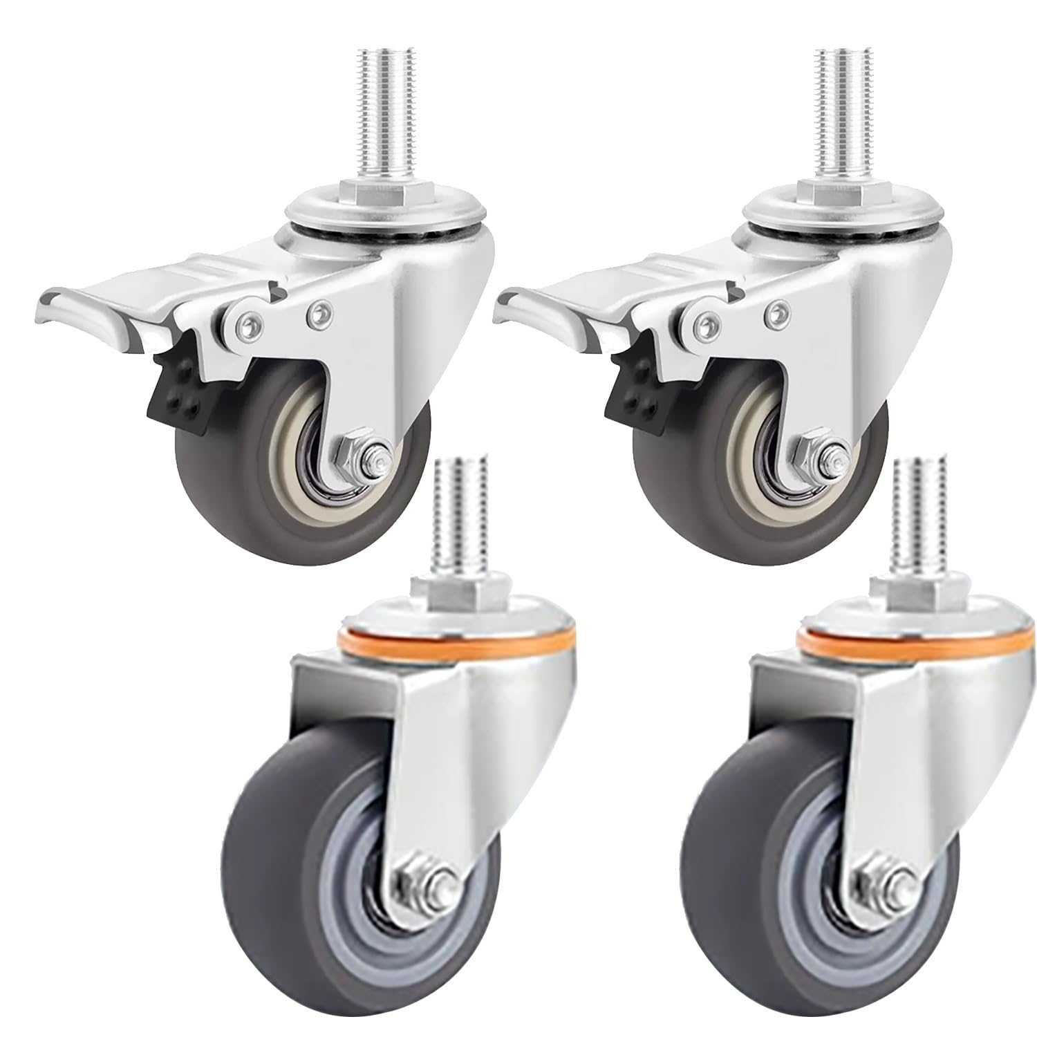 75mm roulettes Pivotantes à Tige Filetée M16*30mm Lot de 4 avec Frein, Capacité de Charge 300kg, roulettes en Caoutchouc Silencieuses for Meubles(2swivel+2with Brake,75mm)