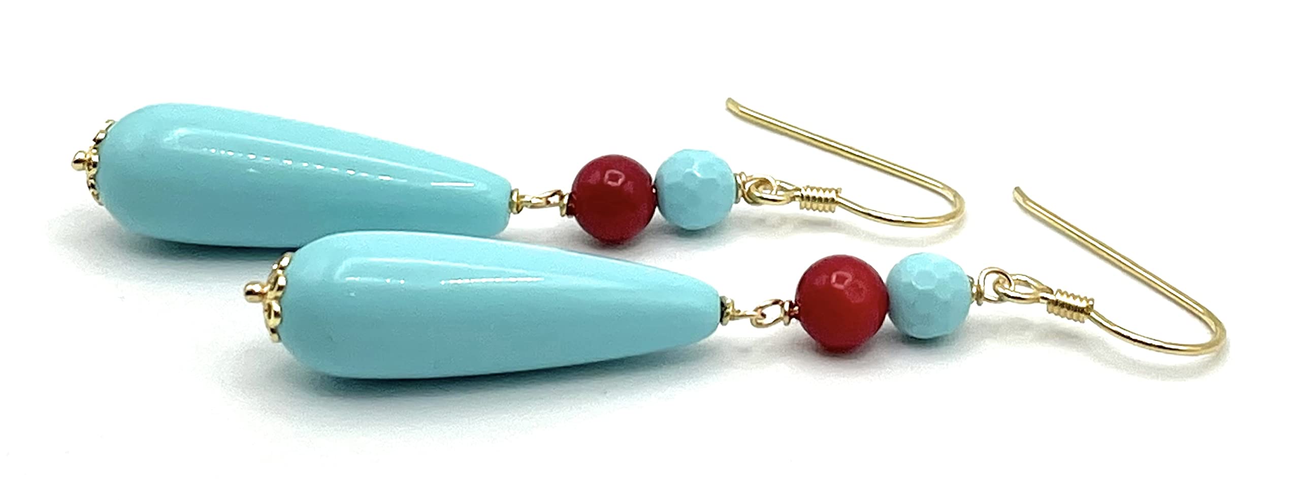 Orecchini con Gocce Turchesi e Corallo Rosso, Pendenti in Argento 925 Dorato 24 K Made in Italy, Gioielli Classici, Regalo per Lei